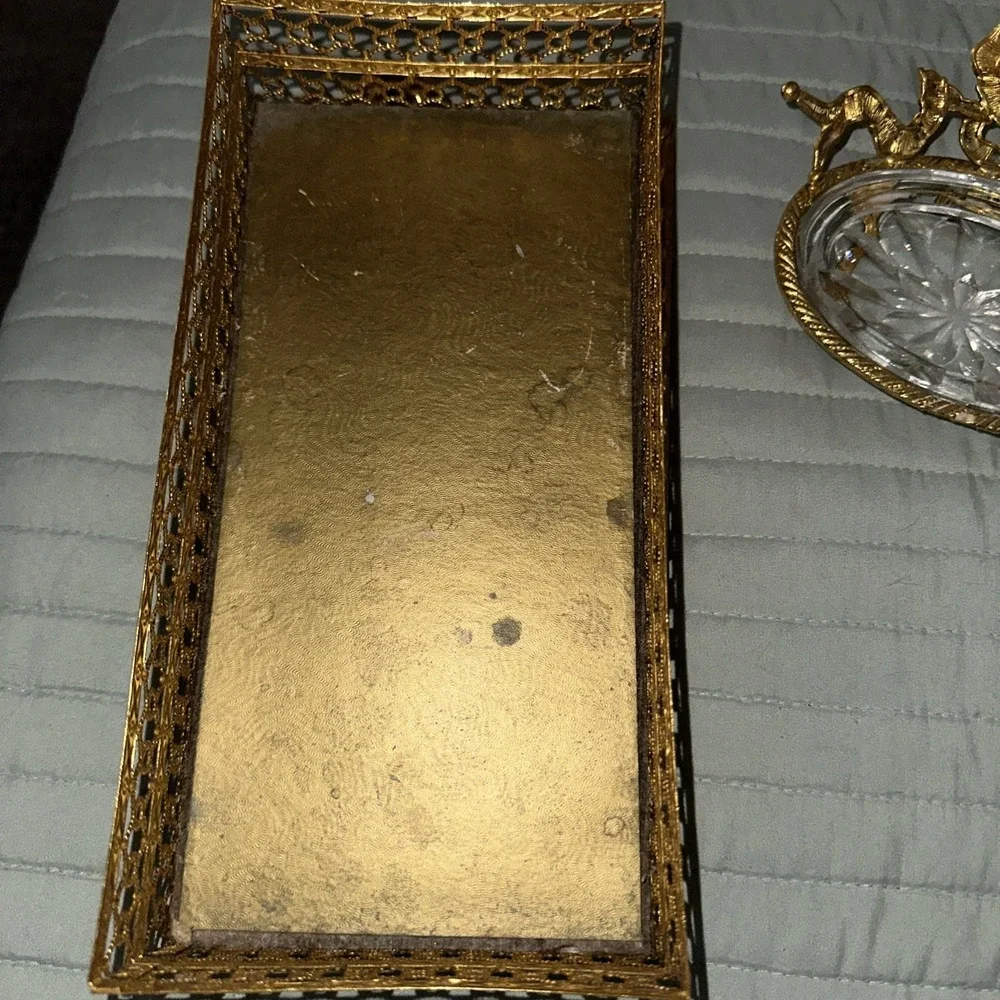 Vintage MCM Hollywood Regency Filigree Tissue Box, Soap Dish, Toothbrush Holder